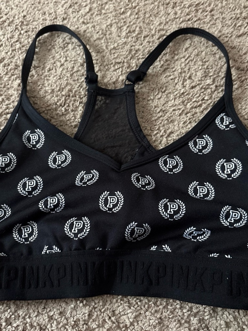 PINK Victoria's Secret Black Logo-Print Racerback Bralette with Mesh Panel